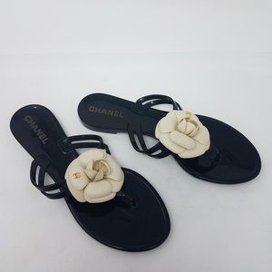 SZ40 Chanel Black White Jelly Camellia Sandals